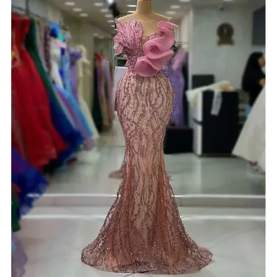 Long Pink Mermaid Evening Dress Sheer Beaded Appliques Ruffles Couture Prom Dresses Wedding Party Gowns Sparkly Sequined Vestido