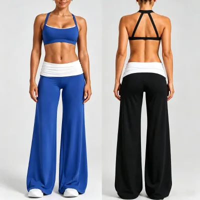 New Arrival Women 2Pcs Yoga Set Halter Removable Pads Top + Wide Leg Pants 75% Nylon Workout Wear Regular & Tall Sizes