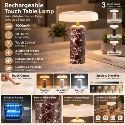 Marble USB Table Lamp Wireless Charging Touch Stepless Dimmable Cordless Rechargeable LED Glass Shade 3000K Restaurant Decor