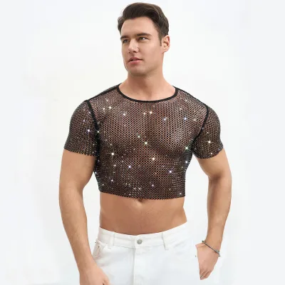 Embellished Rhinestone Fishnet Crop Top Bling Hollow Short Sleeve Cropped Sheer Tshirts for Man