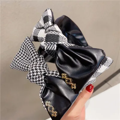New Arrival Scotland Check Winter Headband for Women Luxury Black Leather Lining Butterfly Bowknot Design
