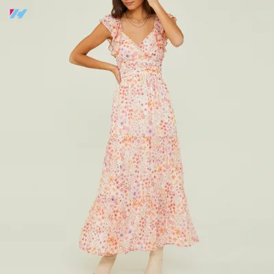 Custom Elegant Women Floral Chiffon Ruffle Boho Long Dress for Ladies