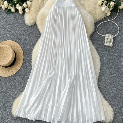 Autumn Winter New Style Metallic Pleated Elastic Waist Trendy Elegant A-Line Midi Skirt Women's Premium