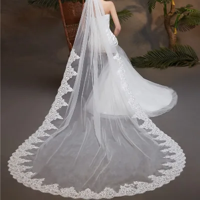 ROMANTIC Embroidered Long Lace Wedding Veil with Comb Blusher One-Layer 3.5 Meters White Ivory Bridal Veil