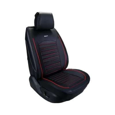 Black PVC Leather Car Seat Cover 5-Seater Full Set with Fine Needlework Red Line Stitching Sweat-Resistant and Stylish