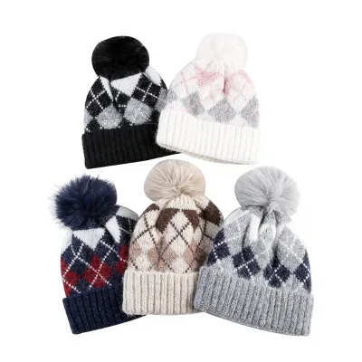2026 Autumn Winter New Arrival Jacquard Knitted Beanie Hat with Pompom Warm Fleece Lining Fashion Kids Children Knitted Hat