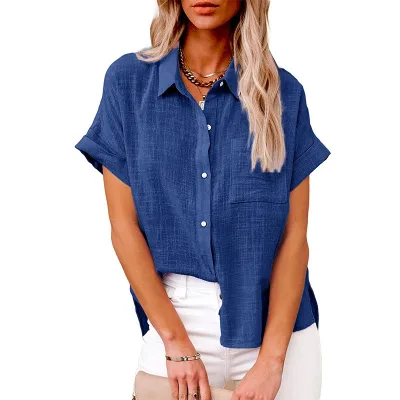 Women's Classic Short Sleeve Shirt Turn-Down Button Front with Pocket Casual Office Wear