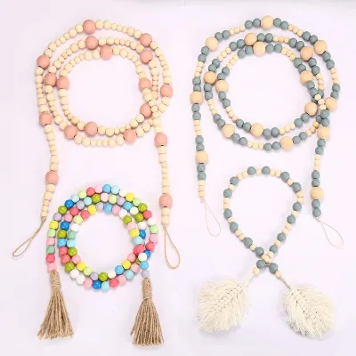 Natural Farmhouse Prayer Beads Wood Bead Garland Hanging Handmade Boho Tassel Rustic Country Wall Decor Decorations