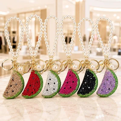 Factory Sparkly Clay Inlaid Crystal Glossy Pearl Beaded Bag Charm Luxury Fruit-Themed Full-Rhinestone Watermelon Slice Keychain