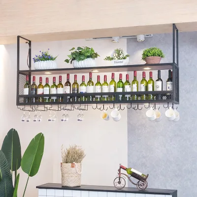 Iron Bar Table Wine Rack Hanger with Panel Design Modern Storage Rack for Wine Glasses and Bottles