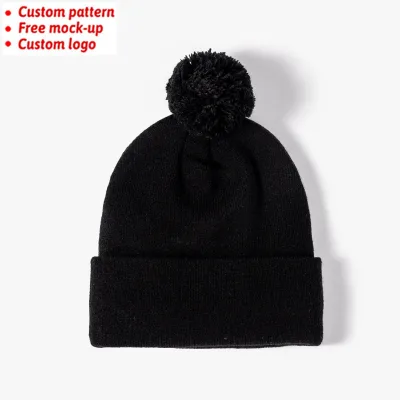 Unisex Winter Sports Warm Black Beanie With Pom Pom Wholesale Outdoor Knitted Acrylic Toque Hat Cuff Bobble Hat Travel Case Men