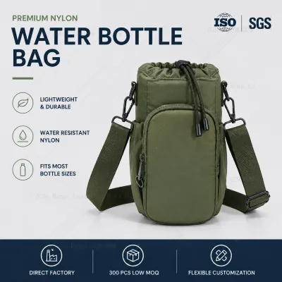 Premium Custom Waterproof Nylon Crossbody Water Bottle Holder Front Zipper Pocket Fashion for Outdoor Travel