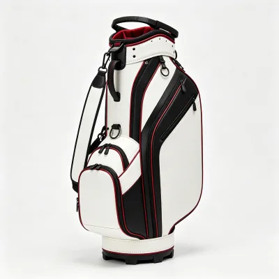 Tour Staff Golf Bag White Black Red PU Leather Club Carrier with Divider Top Shoulder Strap Large Apparel Pockets