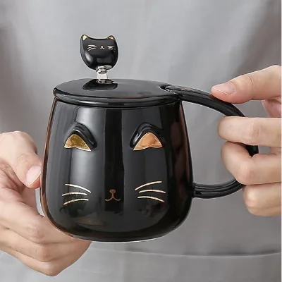Cute 13oz/380ml Ceramic Cat Mugs With Lid Spoon Cartoon Design Coffee Cups for Women Kids Christmas Birthday Gift for Cat Lovers