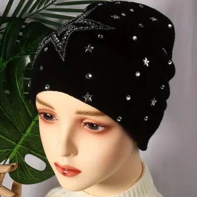 New Women's Beanie Set - Acrylic Knitted, Rhinestone Solid, Warm Casual, with Gloves for Winter Outdoors