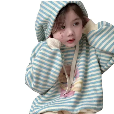 Girls' Fleece-Lined Sweater Winter Clothes Children 2025 New Girls Loose Striped Hooded Top Baby Leisure