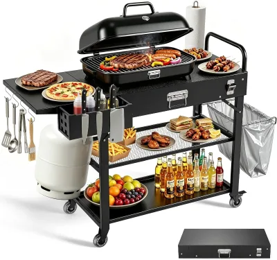 Foldable 30.3 in Grill Cart with Blackstone Griddle Outdoor BBQ Pizza Oven Stand Portable Tabletop Grill Tool Hooks Wheels