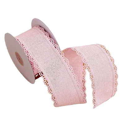 2.5Inch Embroidered Handmade Solid Color High Tenacity Linen Ribbon with Scalloped Edge for Gift Wrapping