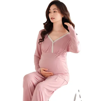 Pregnancy Pyjamas Set Spring Autumn Cotton Long Sleeve Trousers With Fixed Chest Maternity Bra Home Wear Nursing Pajamas