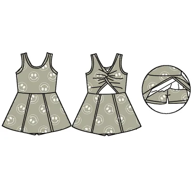Summer One-Piece Swimsuit for Baby Girls Cross Back Bow with Peplum and Shorts Custom Print Beachwear for Children