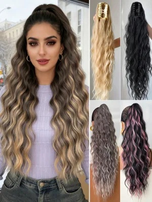 26 Inch Ombre Brown Wavy Heat Resistant Synthetic Claw Ponytail Wig, Suitable for Wome