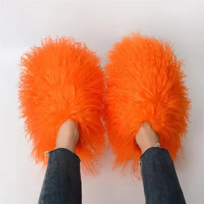 New Winter Real Fur Animal Fluffy Furry Orange Designer Girls Shoes Wool Warm Snow Women House Fashion Fur Home Slides slippers
