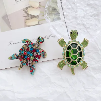 Green Rhinestone Sea Turtle Brooch Pin Children's Alloy Animal Tortoise Shape Brooches for Party Wedding Gifts Pearl Plating