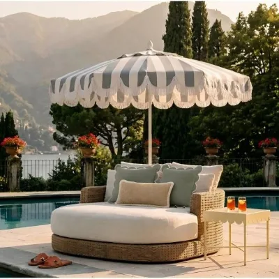 Beach Villa Coastal Woven Rattan Round Double Outdoor Daybed Waterproof Cushion Scalloped Pillow Poolside Lounge Furniture