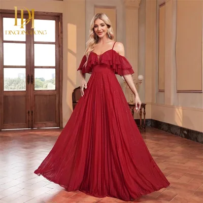 Elegant Evening Dress with Multi-layered Pleated Lace Ribbons and Floor-length Bridesmaid Reception Banquet