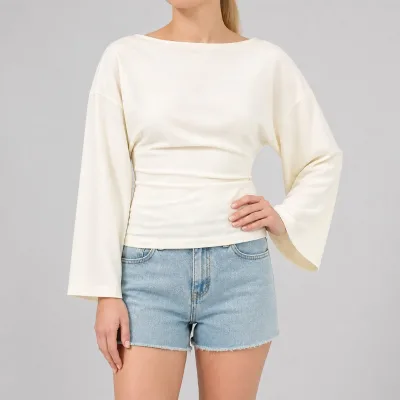 Women Long Sleeve Blouse Boat Neck Drop Shoulder Wide Sleeve Ruched Waist Knit Top Casual Wear Custom OEM ODM