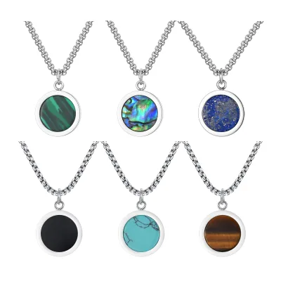 Hot Sale Turquoise Tiger Eye Natural Stone Round Pendant Long Stainless Steel Chain Necklace for Men