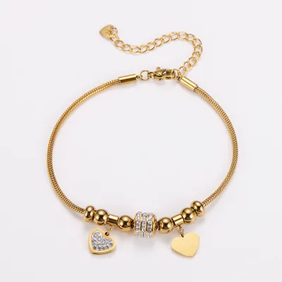 Women 18K Gold Plated Stainless Steel Double Heart Zircon Charm Snake Chain Adjustable Bracelet Fashion Jewelry