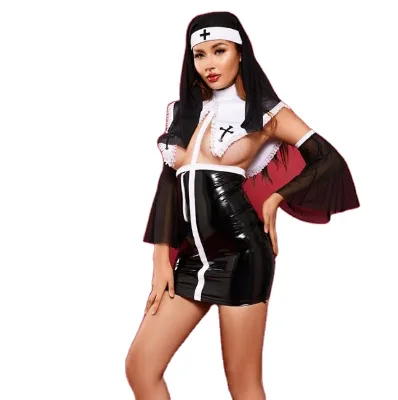 Ecowalson Sexy Lingerie Nun Uniform Passion Witch Costumes Adult Women Cosplay Dress With Black Veil Anime Halloween Party Maid