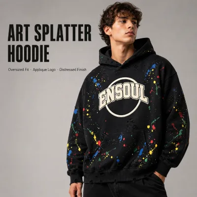 Premium Brand ODM Oversized Distressed Hand Drawn Hoodie Vintage Washed Cotton French Terry Eco-Friendly Winter Sweatshirt Men