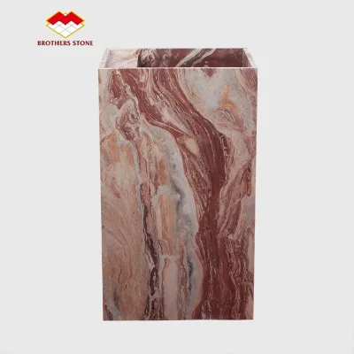 Red Flow Vein Marble Solid Freestanding Wash Basin Natural Stone Integrated Pedestal Sink for Villa Bathroom