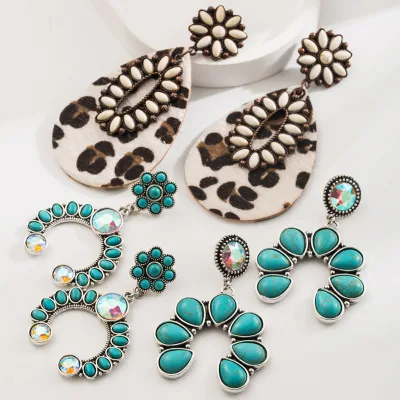 Fashionable retro turquoise earrings with high-end Bohemian style leopard print leather exaggerated earrings