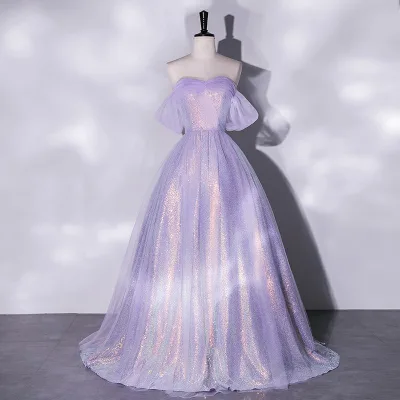 2025 New Style Mesh Slimming Year-end Party Banquet Host Toasting Bride Violet Evening Dress For Women