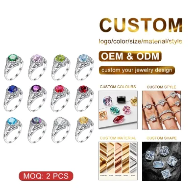 Handmade Vintage 12 Zodiac Birthstones Jewelry Women Flower Purple Stones Crystal Amethyst Nickel-Free Silver Rings 925