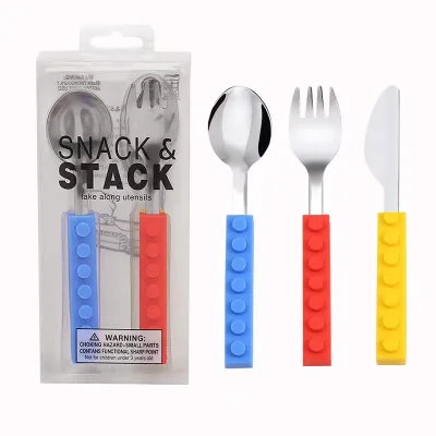 Hot Selling 3 Pcs Food Grade Silicone Stainless Steel Set Building Block Knife Fork Spoon Kit Steak Tableware