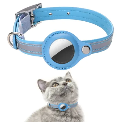 2025 New Anti-Lost Pet Cat Collar with Airtag Positioning Solid Pattern Reflective Tracking Collar PU Material Ribbon Decoration