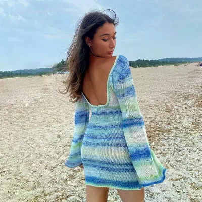 2026 Street Wear Color Block Backless Long Sleeve Sweater Mini Dress Women Autumn Winter Fashion Elegant Dress Sexy Trendy Party