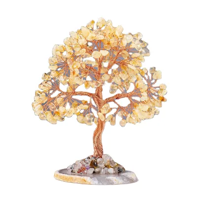 GEM Handmade Natural Citrine Tree Crystal Stone Money Tree Set on Base Decoration