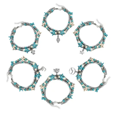 Wholesale Hot Selling Double Conch Sand Turtle Pendant Foot Chains Turquoise Stone Beads Charm Beach,for Bracelet Anklets