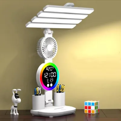 4 Heads Fan Function Study Reading Foldable Clock Date Display Atmosphere Lamp Led Desk Lamp Rechargeable Led Table Lamp