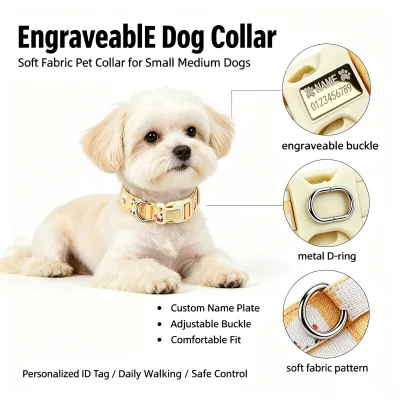 Custom Name Engraved Pet Dog Collar, Digital Printed Comfort Fabric Puppy Collar With Personalized ID Buckle