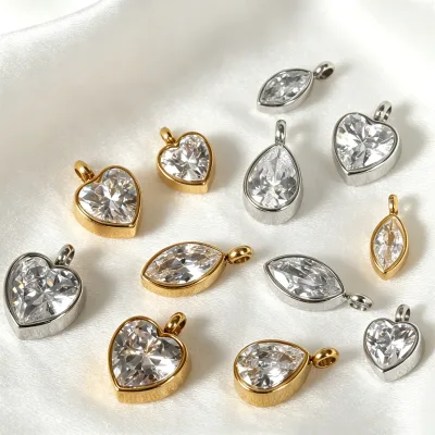 Bezel Set Stainless Steel CZ Charms Heart Pear Marquise Geometric Pendant Minimalist DIY Jewelry Making Findings