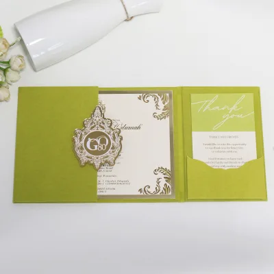 Sage Green Velvet Hardcover Folder Wedding Invitation with Custom Gold Foil Detail RSVP Card and Envelope