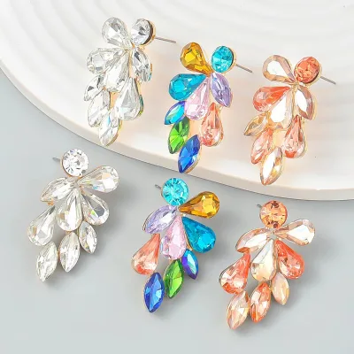 European retro luxury alloy diamond studded rhinestone sunflower earrings fan shaped flower statement crystal earrings