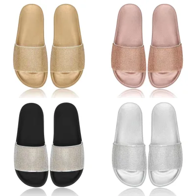 Korean Version Summer New Fashion Outer Wear slippers Women's Rhinestone Sequins Flat Bottom One-word slippers Beach Sandals