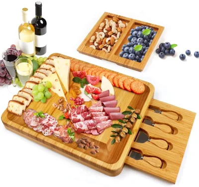 Cheese Plate Slate Chopping Board Set Serving Tray Bamboo Cheese Board with Cheese Tools for Wine Cracker Brie and Meat